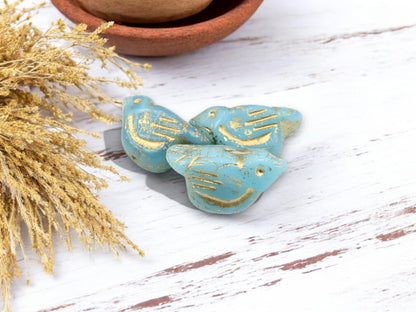 *6* 11x22mm Gold Washed Blue Opaline Bird Beads