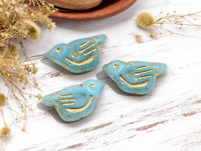 *6* 11x22mm Gold Washed Blue Opaline Bird Beads