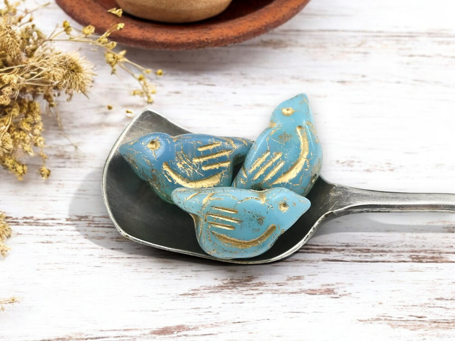 *6* 11x22mm Gold Washed Blue Opaline Bird Beads