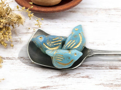 *6* 11x22mm Gold Washed Blue Opaline Bird Beads