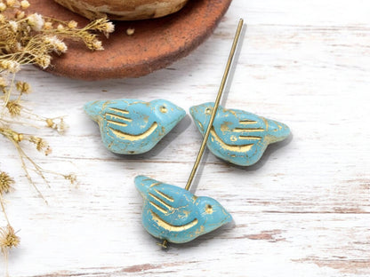*6* 11x22mm Gold Washed Blue Opaline Bird Beads