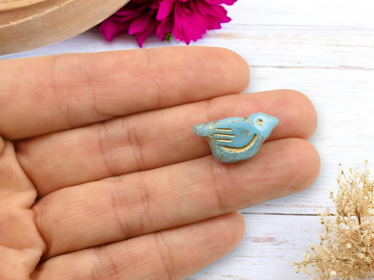 *6* 11x22mm Gold Washed Blue Opaline Bird Beads