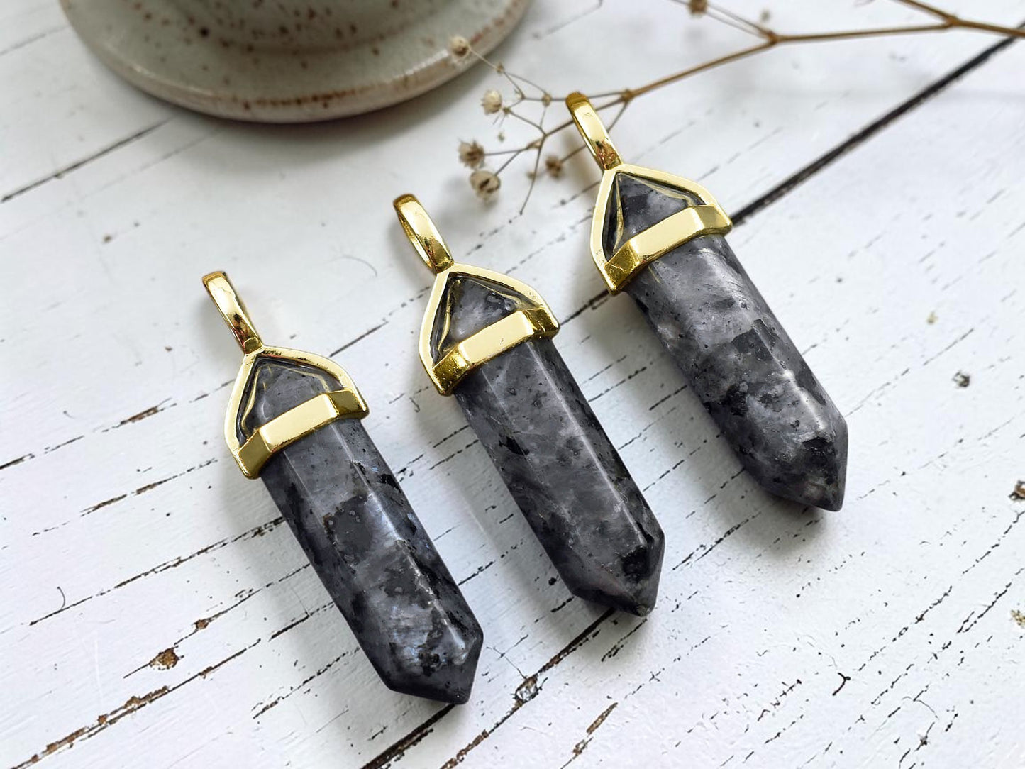 40mm Gold Tone Natural Larvikite Double Terminated Bullet Pendant