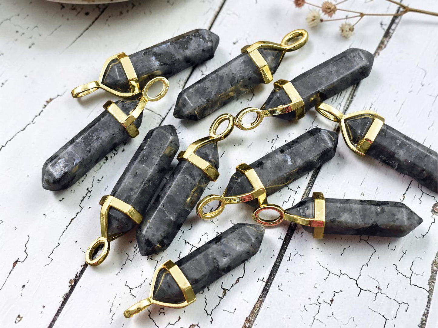 40mm Gold Tone Natural Larvikite Double Terminated Bullet Pendant