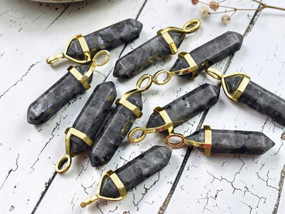 40mm Gold Tone Natural Larvikite Double Terminated Bullet Pendant