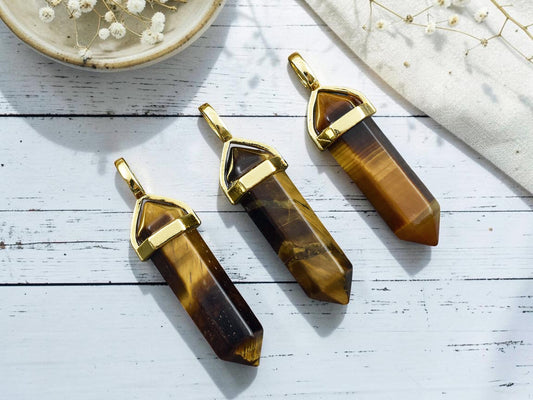40mm Gold Tone Natural Tiger Eye Double Terminated Bullet Pendant