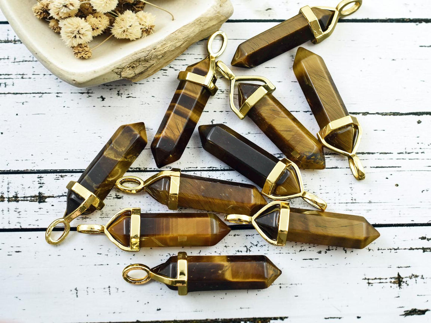 40mm Gold Tone Natural Tiger Eye Double Terminated Bullet Pendant