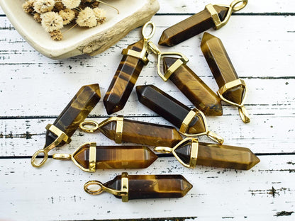 40mm Gold Tone Natural Tiger Eye Double Terminated Bullet Pendant