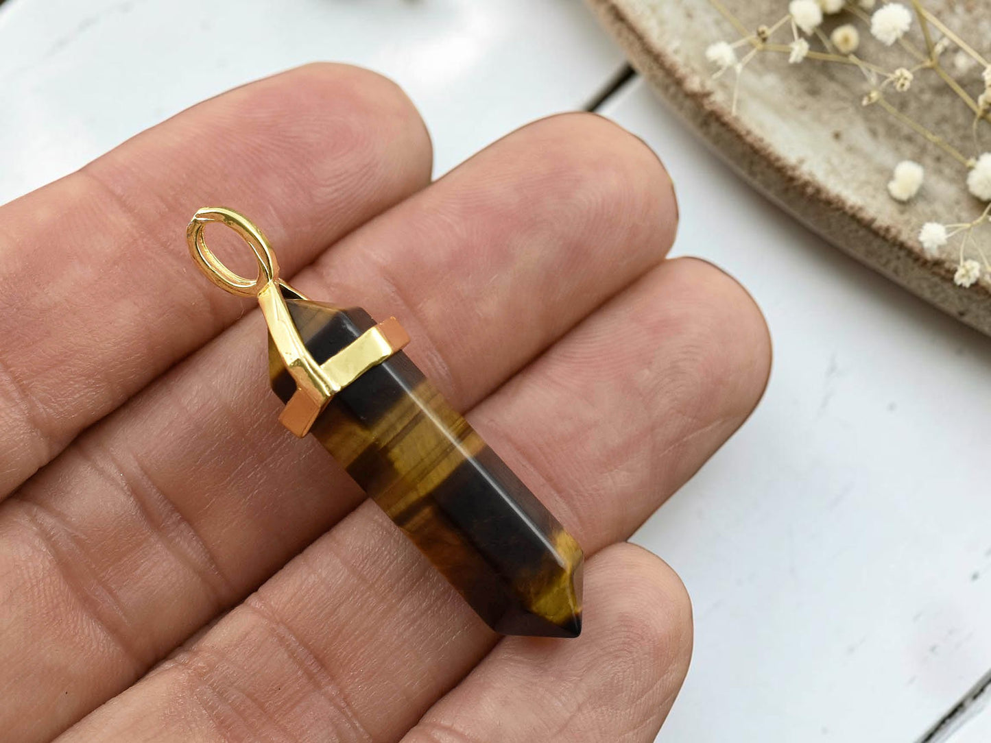 40mm Gold Tone Natural Tiger Eye Double Terminated Bullet Pendant