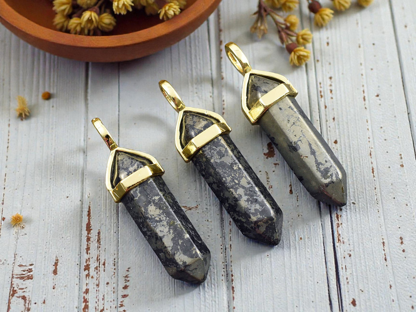 40mm Gold Tone Natural Pyrite Double Terminated Bullet Pendant