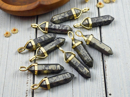 40mm Gold Tone Natural Pyrite Double Terminated Bullet Pendant