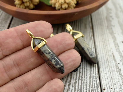 40mm Gold Tone Natural Pyrite Double Terminated Bullet Pendant