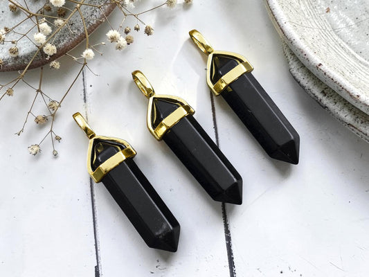 40mm Gold Tone Natural Obsidian Double Terminated Bullet Pendant