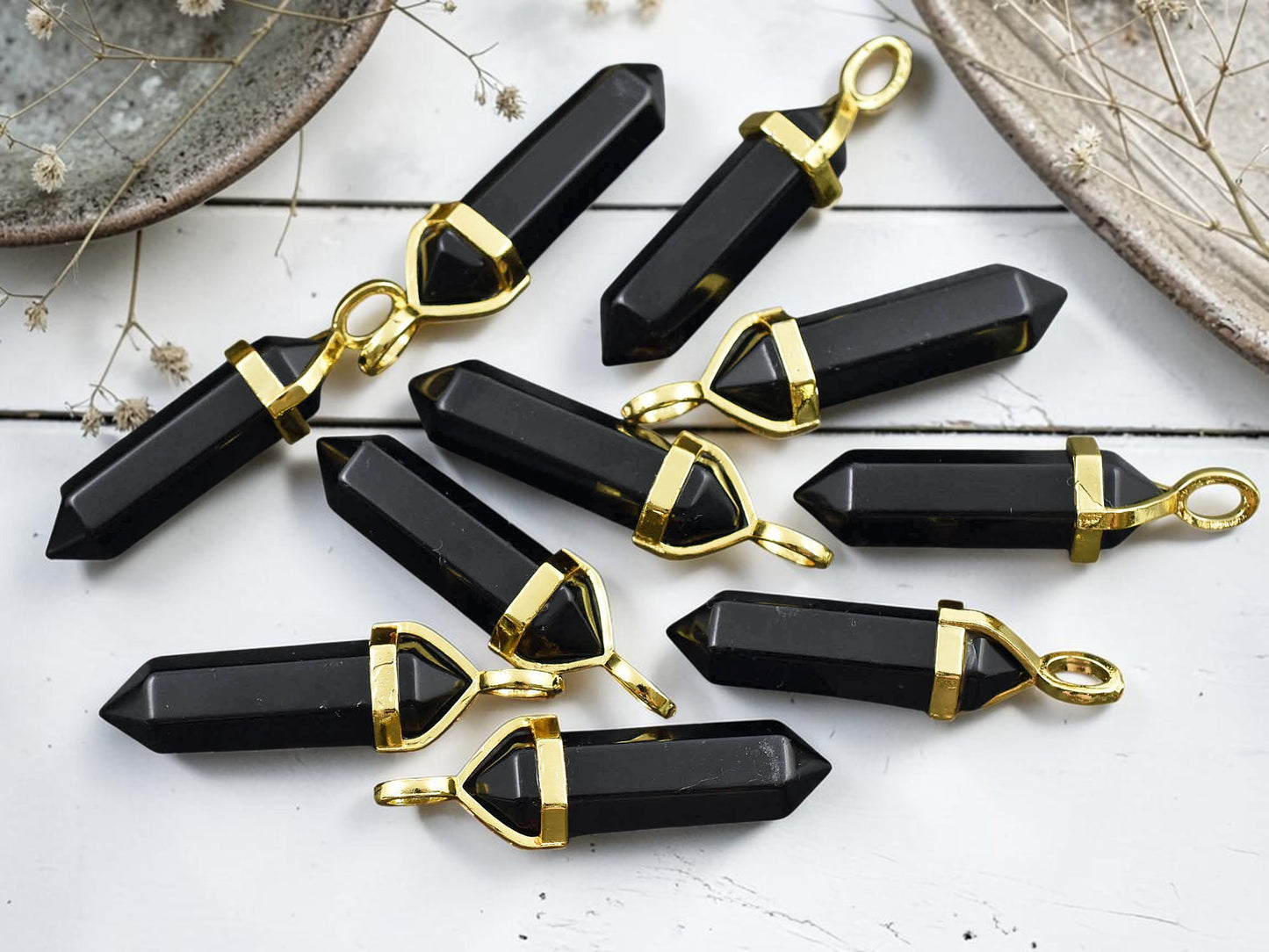 40mm Gold Tone Natural Obsidian Double Terminated Bullet Pendant
