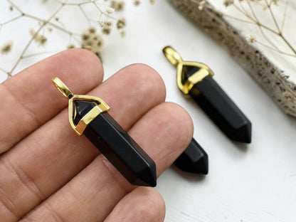 40mm Gold Tone Natural Obsidian Double Terminated Bullet Pendant