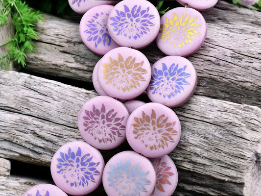 *8* 17mm Matte Pink Silk Sliperit Laser Etched Dahlia Coin Beads