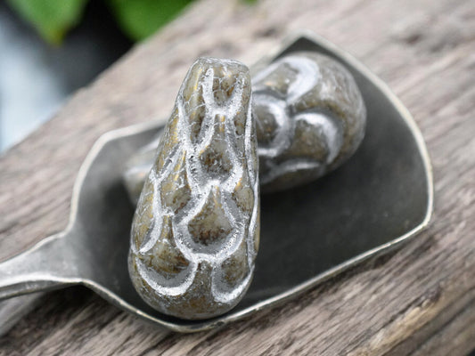 *6* 25x12mm Silver Washed Beige Terra Cotta Mermaid Scale Large Drop Beads