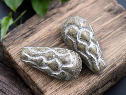 *6* 25x12mm Silver Washed Beige Terra Cotta Mermaid Scale Large Drop Beads