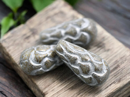 *6* 25x12mm Silver Washed Beige Terra Cotta Mermaid Scale Large Drop Beads