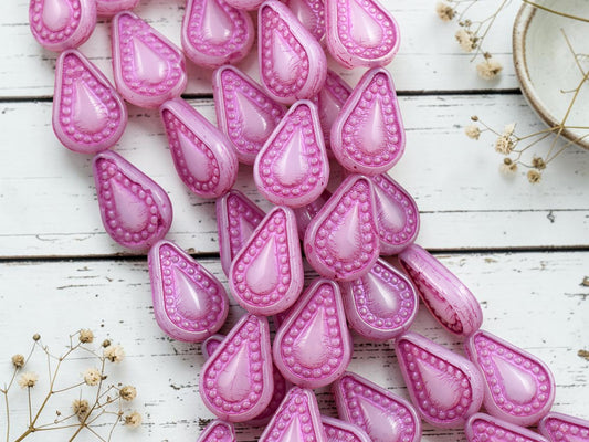 *10* 14x10mm Dark Pink Washed Pink Opaline Filigree Tear Drop Beads