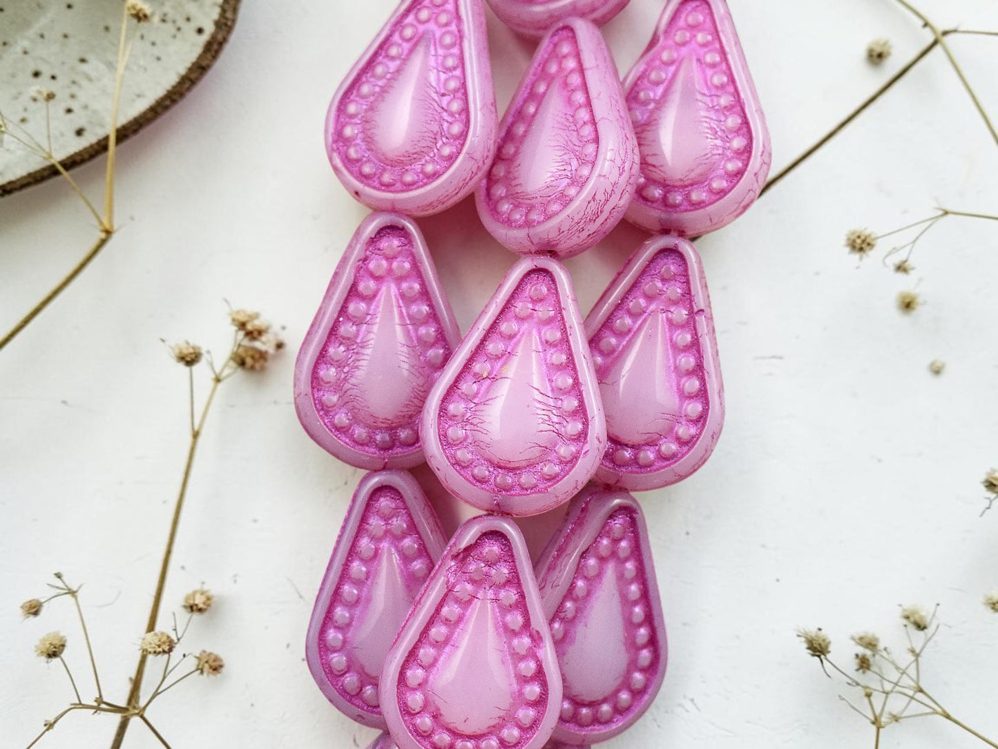 *10* 14x10mm Dark Pink Washed Pink Opaline Filigree Tear Drop Beads