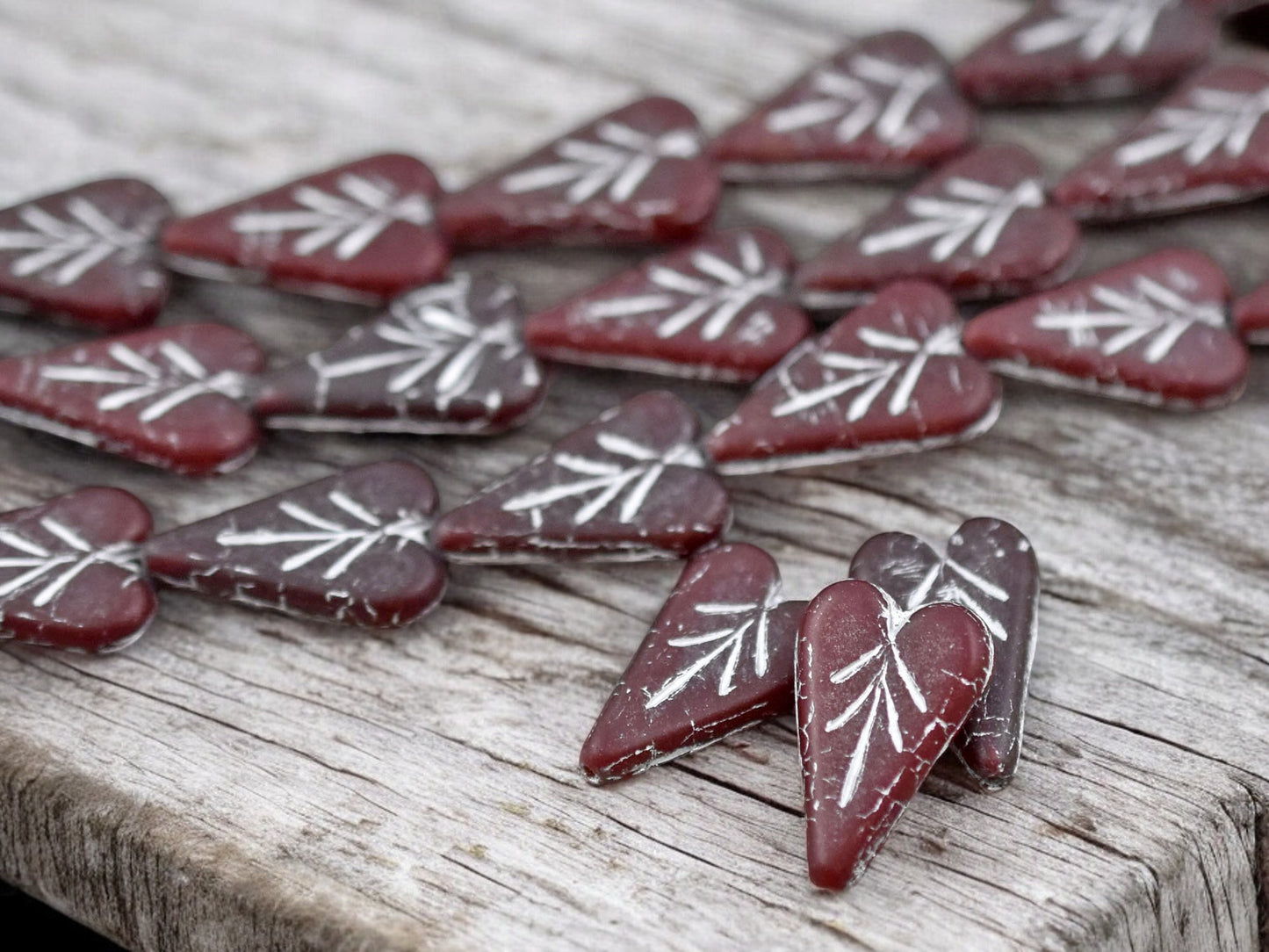 *8* 17x11mm Silver Washed Matte Dark Red Heart Leaf Beads