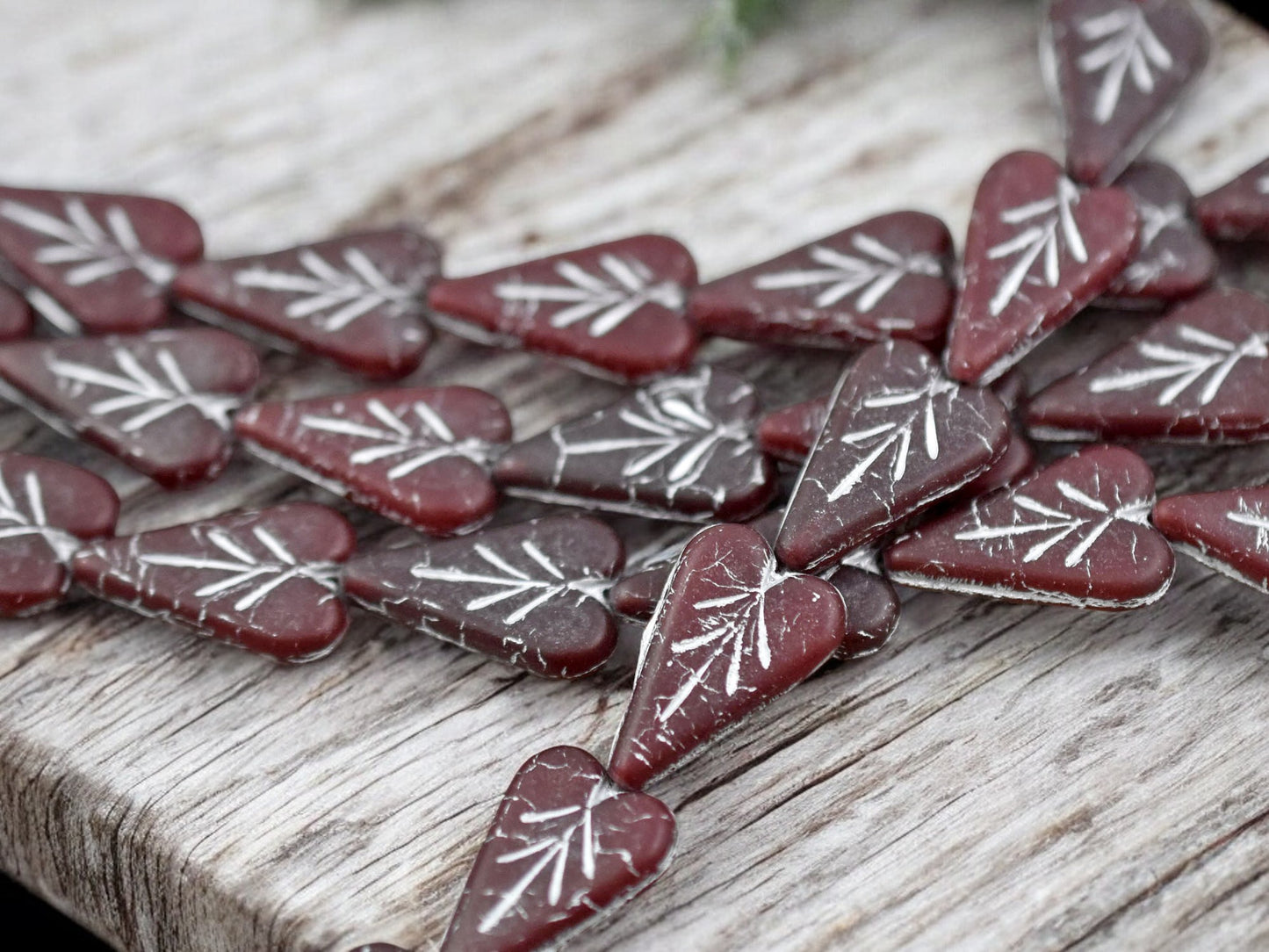 *8* 17x11mm Silver Washed Matte Dark Red Heart Leaf Beads