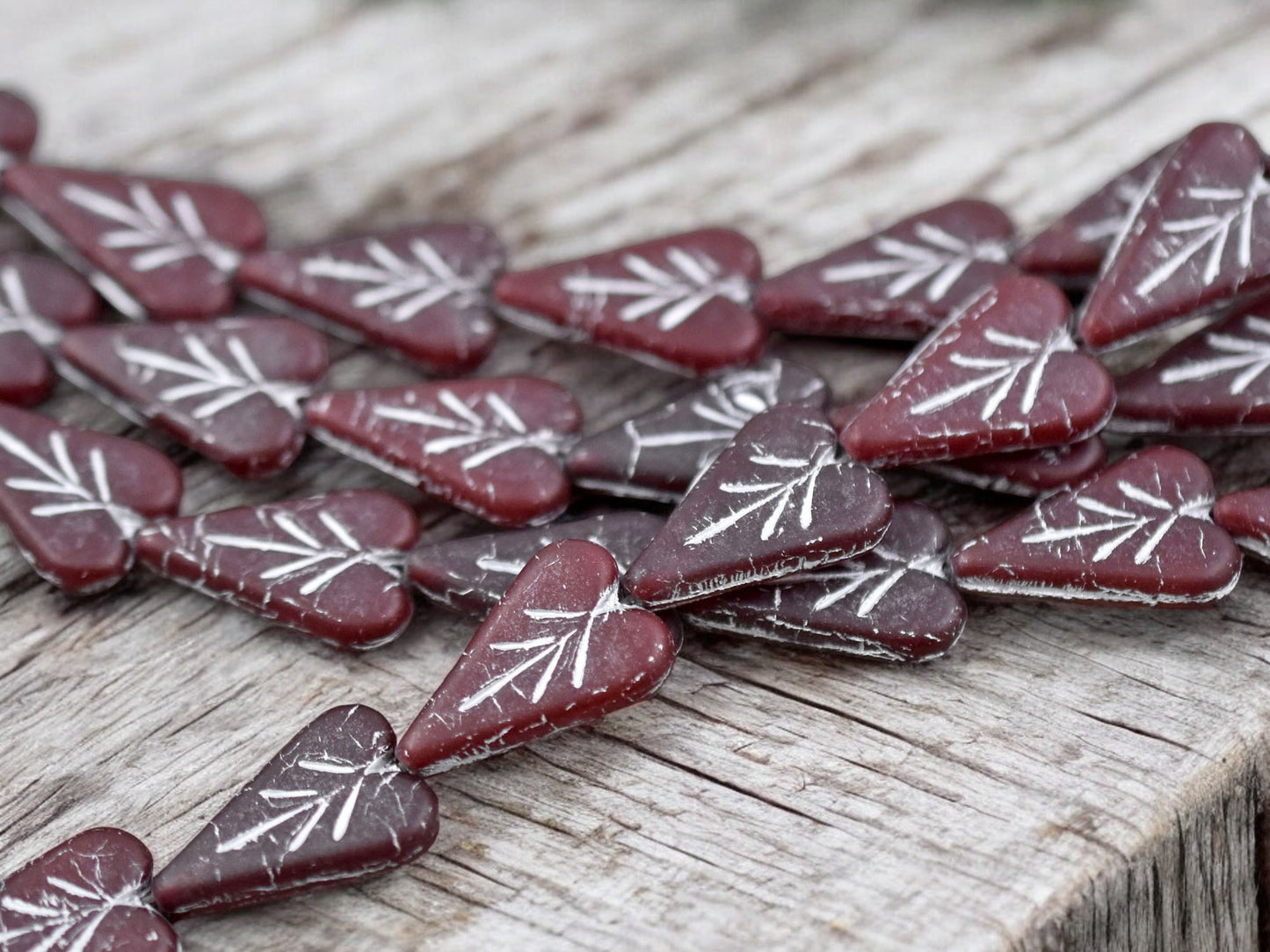 *8* 17x11mm Silver Washed Matte Dark Red Heart Leaf Beads