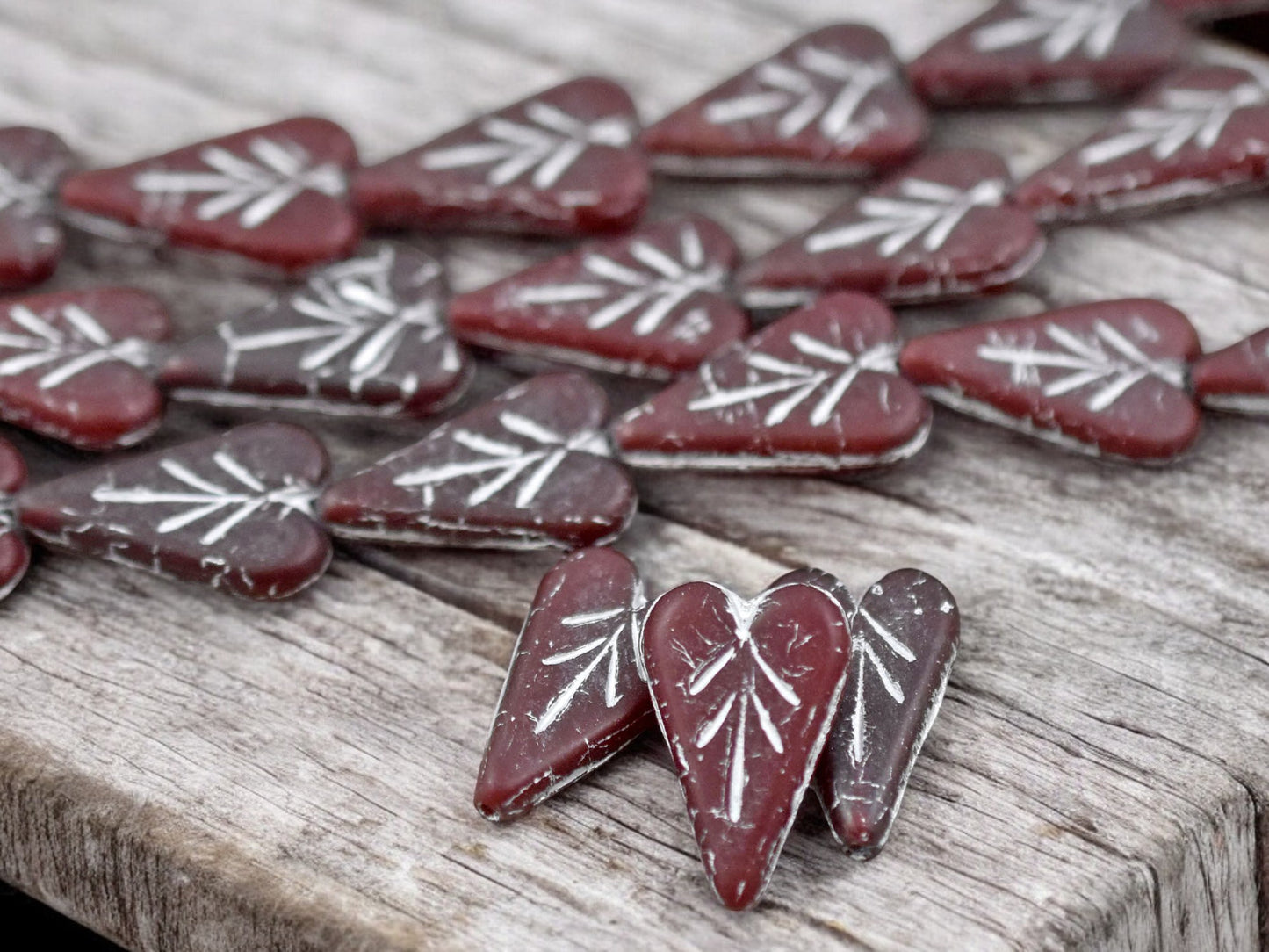 *8* 17x11mm Silver Washed Matte Dark Red Heart Leaf Beads