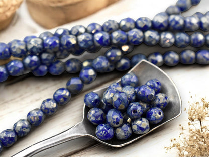 *25* 6mm Cobalt Blue Silver Travertine Fire Polished Round Beads