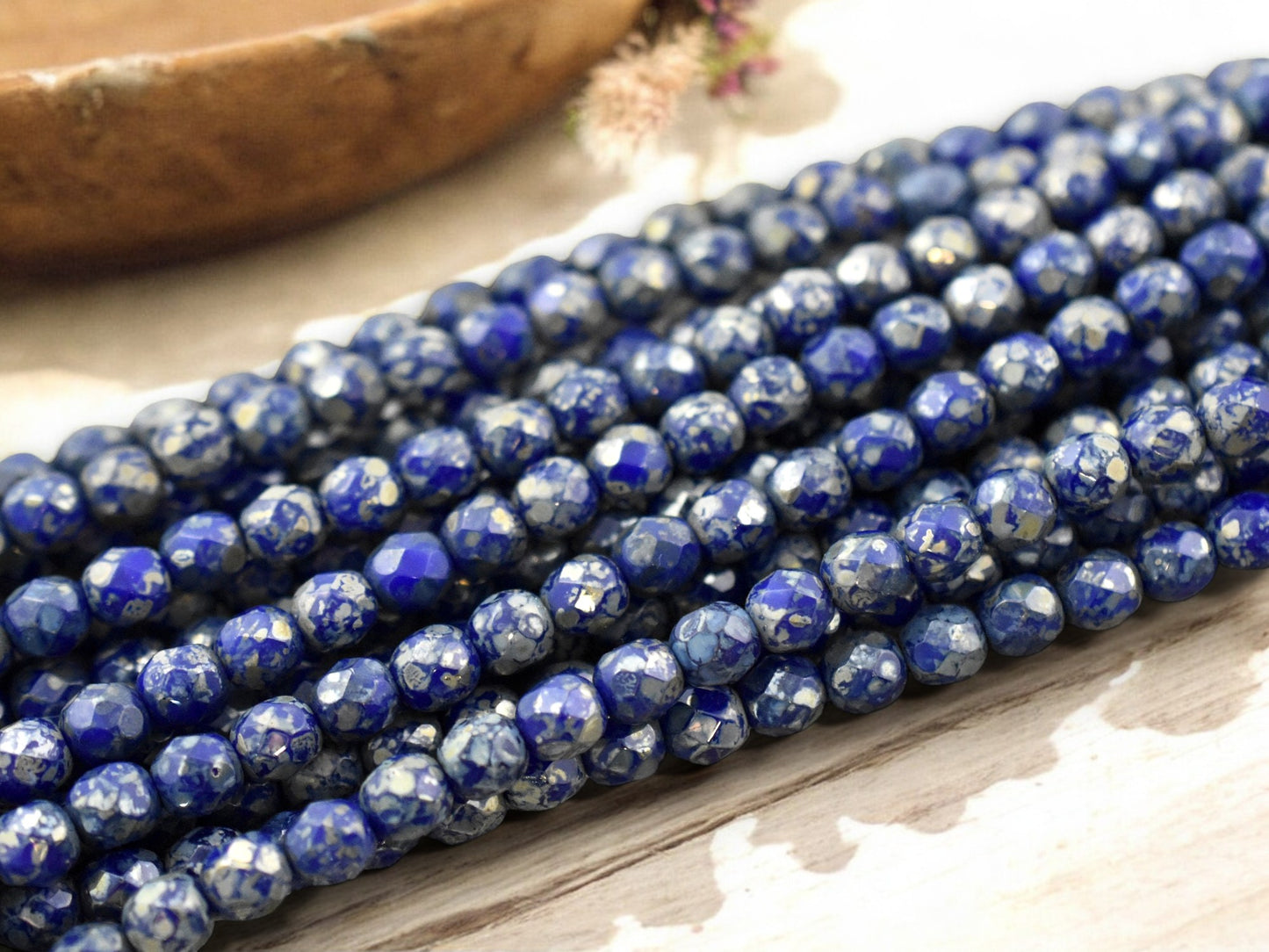 *25* 6mm Cobalt Blue Silver Travertine Fire Polished Round Beads