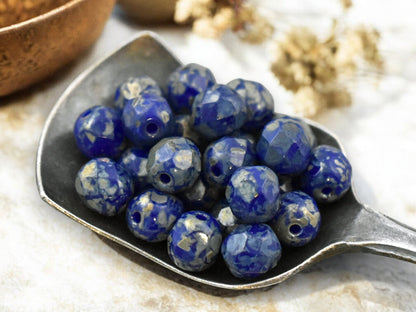 *25* 6mm Cobalt Blue Silver Travertine Fire Polished Round Beads