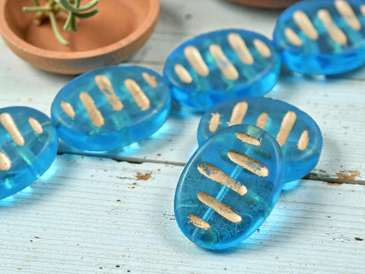*2* 25x18x5mm Gold Inlayed Dark Aqua Chunky Oval Beads