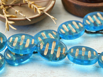 *2* 25x18x5mm Gold Inlayed Dark Aqua Chunky Oval Beads