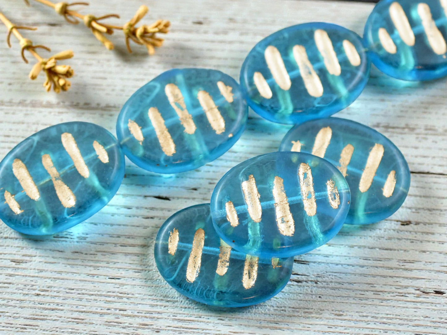 *2* 25x18x5mm Gold Inlayed Dark Aqua Chunky Oval Beads