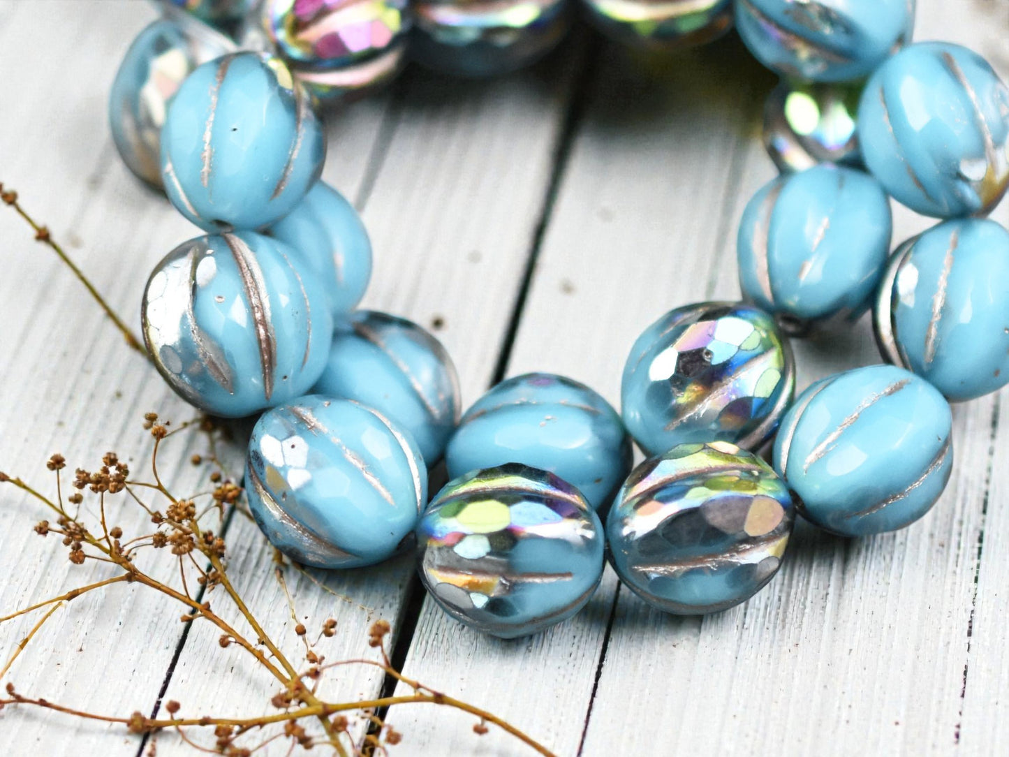 *12* 10mm Metallic Beige Washed Opaque Sky Blue AB Faceted Round Melon Beads
