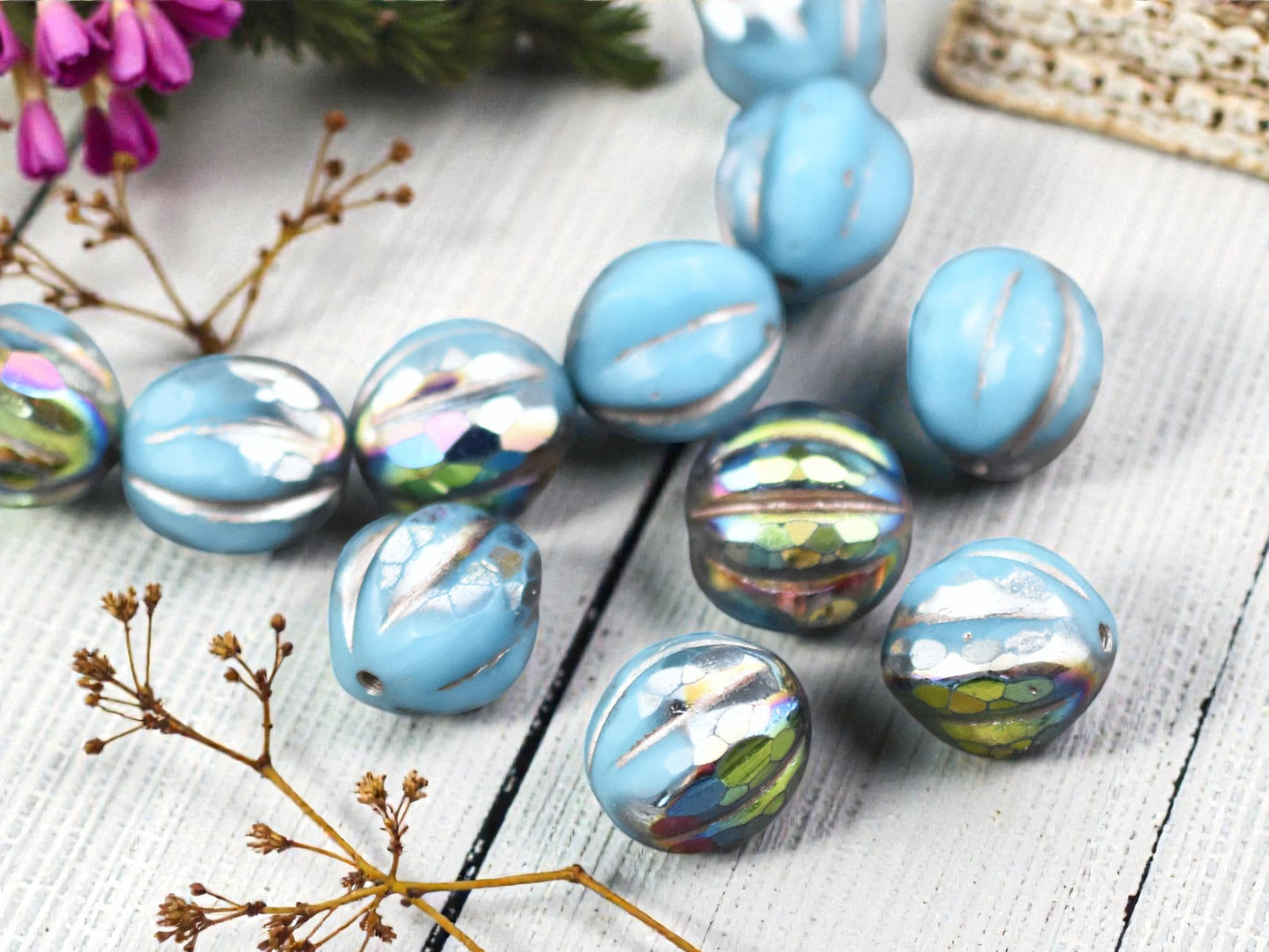 *12* 10mm Metallic Beige Washed Opaque Sky Blue AB Faceted Round Melon Beads