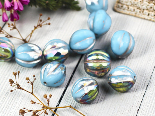 *12* 10mm Metallic Beige Washed Opaque Sky Blue AB Faceted Round Melon Beads