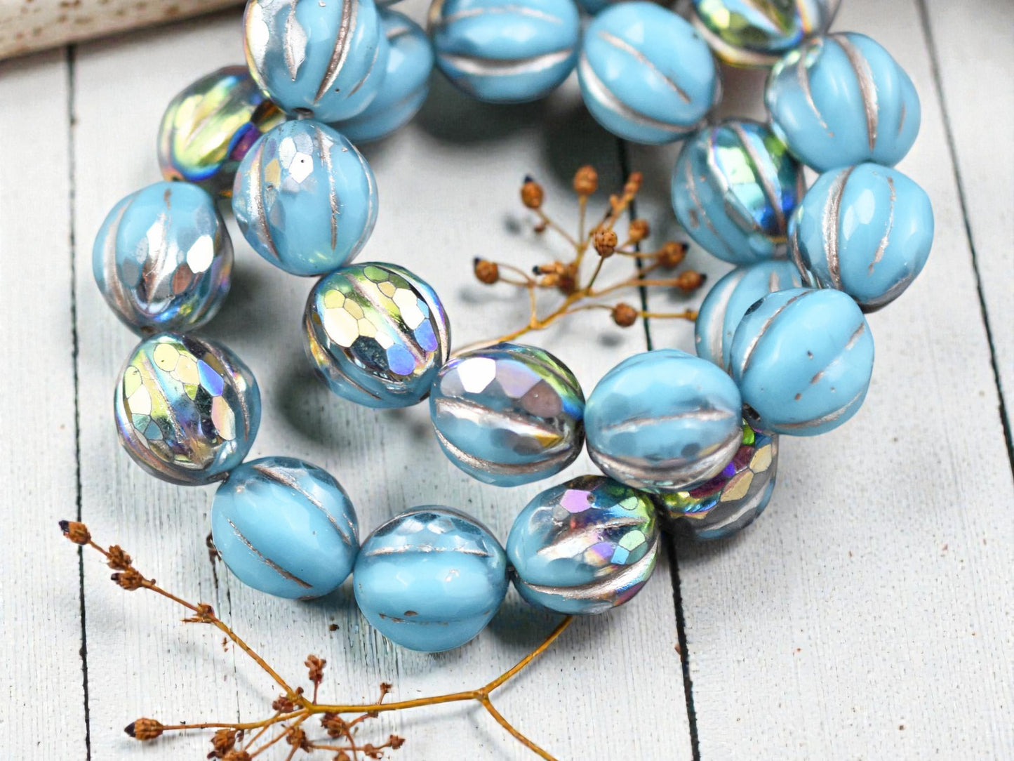 *12* 10mm Metallic Beige Washed Opaque Sky Blue AB Faceted Round Melon Beads