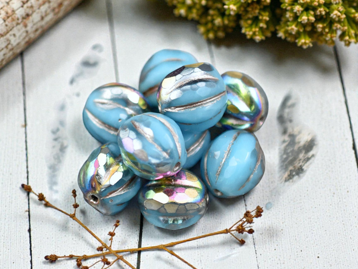 *12* 10mm Metallic Beige Washed Opaque Sky Blue AB Faceted Round Melon Beads