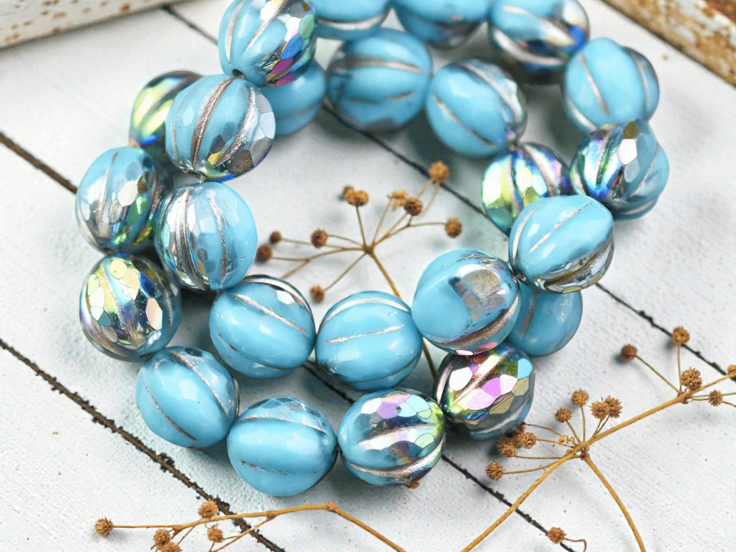 *12* 10mm Metallic Beige Washed Opaque Sky Blue AB Faceted Round Melon Beads