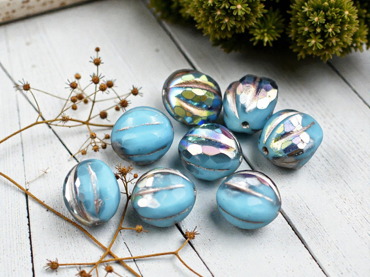 *12* 10mm Metallic Beige Washed Opaque Sky Blue AB Faceted Round Melon Beads
