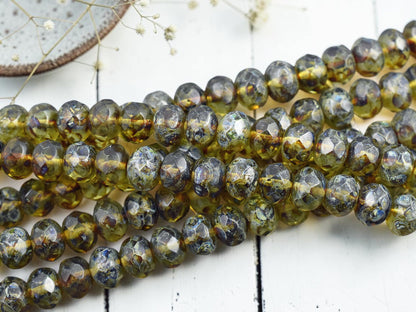 *31* 6x9mm Olivine Picasso Fire Polished Rondelle Beads