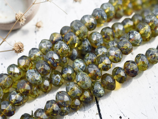 *31* 6x9mm Olivine Picasso Fire Polished Rondelle Beads