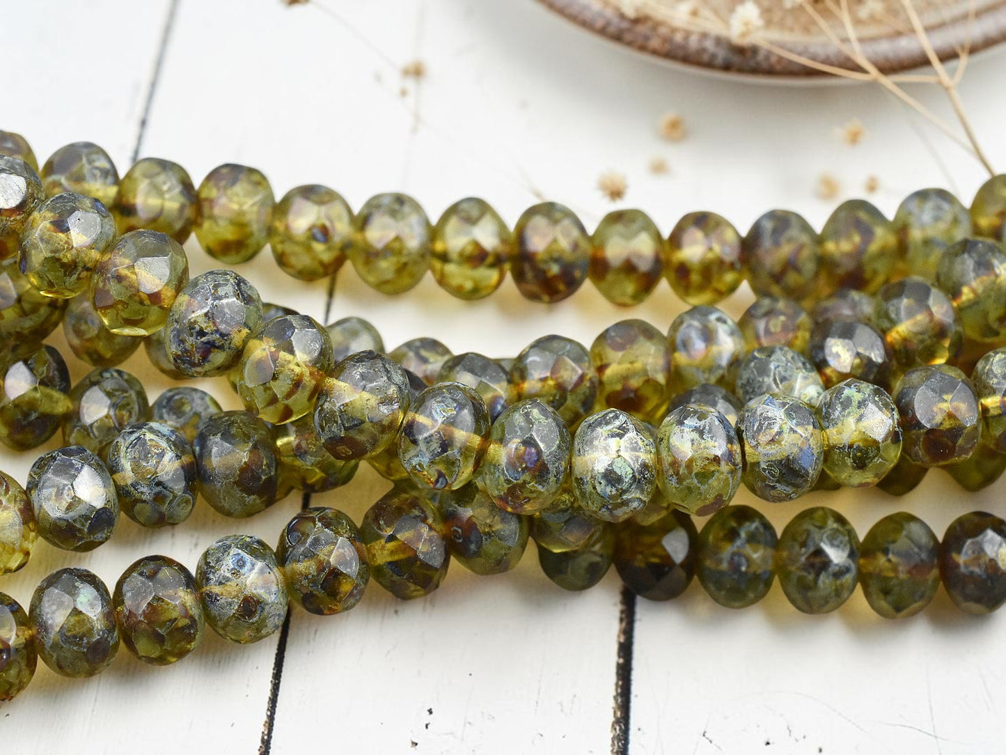 *31* 6x9mm Olivine Picasso Fire Polished Rondelle Beads