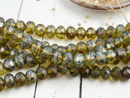 *31* 6x9mm Olivine Picasso Fire Polished Rondelle Beads