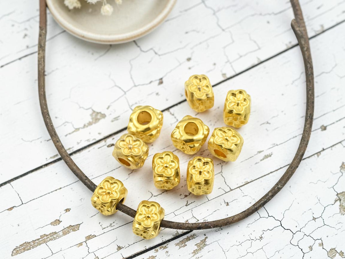 *10* 8x7mm Gold Large Hole Floral Cube Beads
