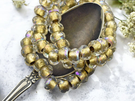 *25* 6x9mm Gold Lined Crystal AB Faceted Large Hole Rondelle Roller Beads