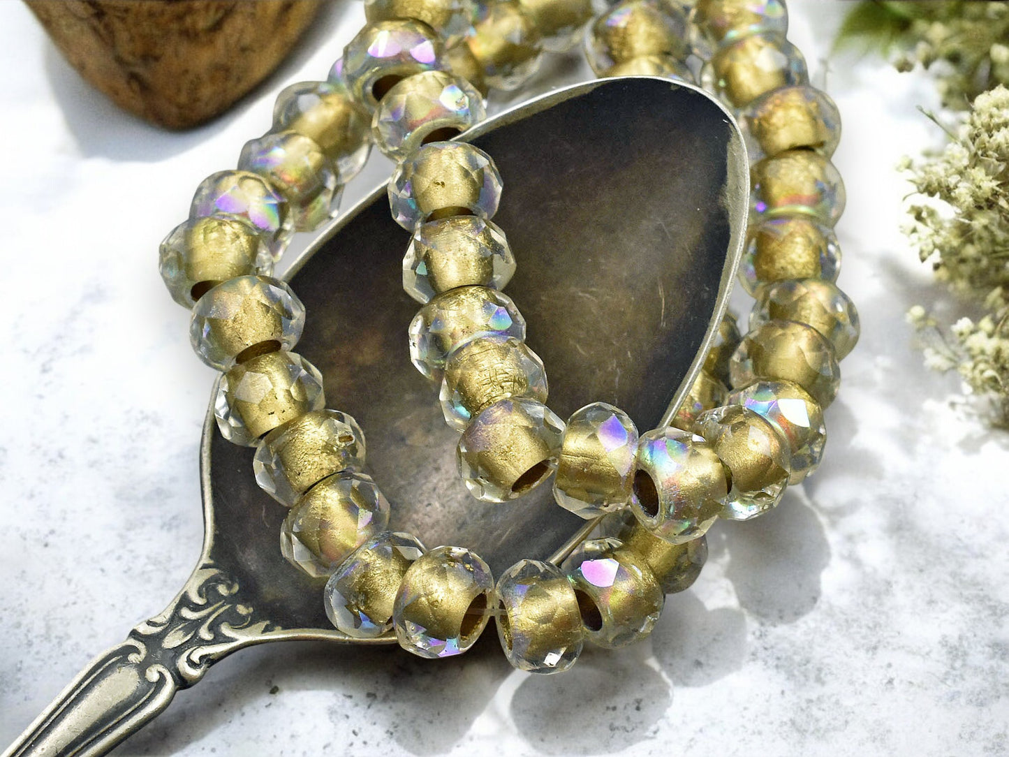 *25* 6x9mm Gold Lined Crystal AB Faceted Large Hole Rondelle Roller Beads