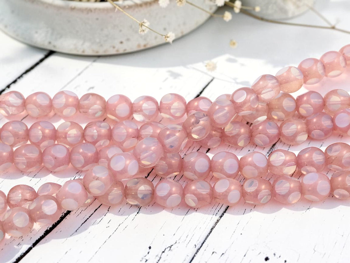 *18* 12mm Pink Picasso on White Opaline Window Cut Round Beads